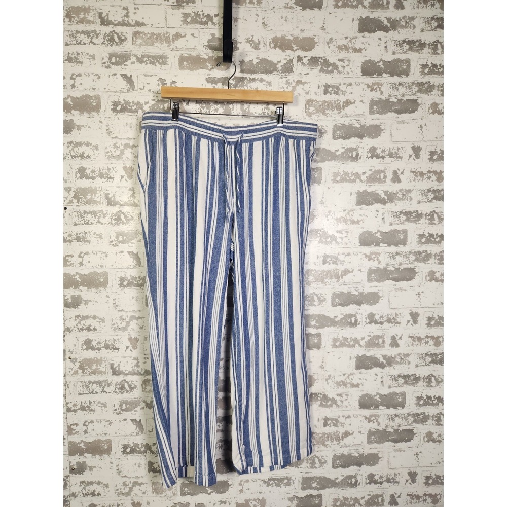 Old Navy Wide Leg Striped Linen Blend Pants XL Blue   Cropped Coastal Beach